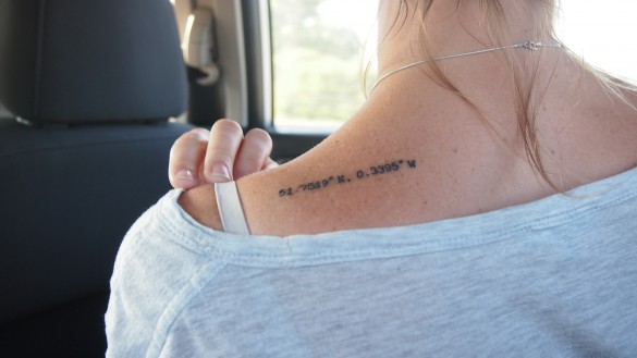 Sarah Donachie's tattoo shows the co-ordinates of her home town
