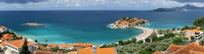 Panoramic view of Sveti Stefan (St. Stefan) island in Adriatic Sea