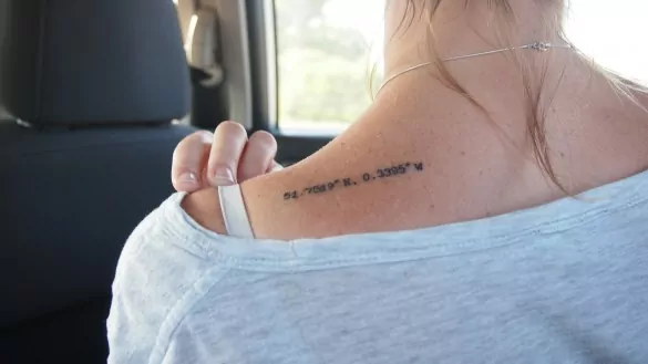 Sarah Donachie's tattoo shows the co-ordinates of her home town