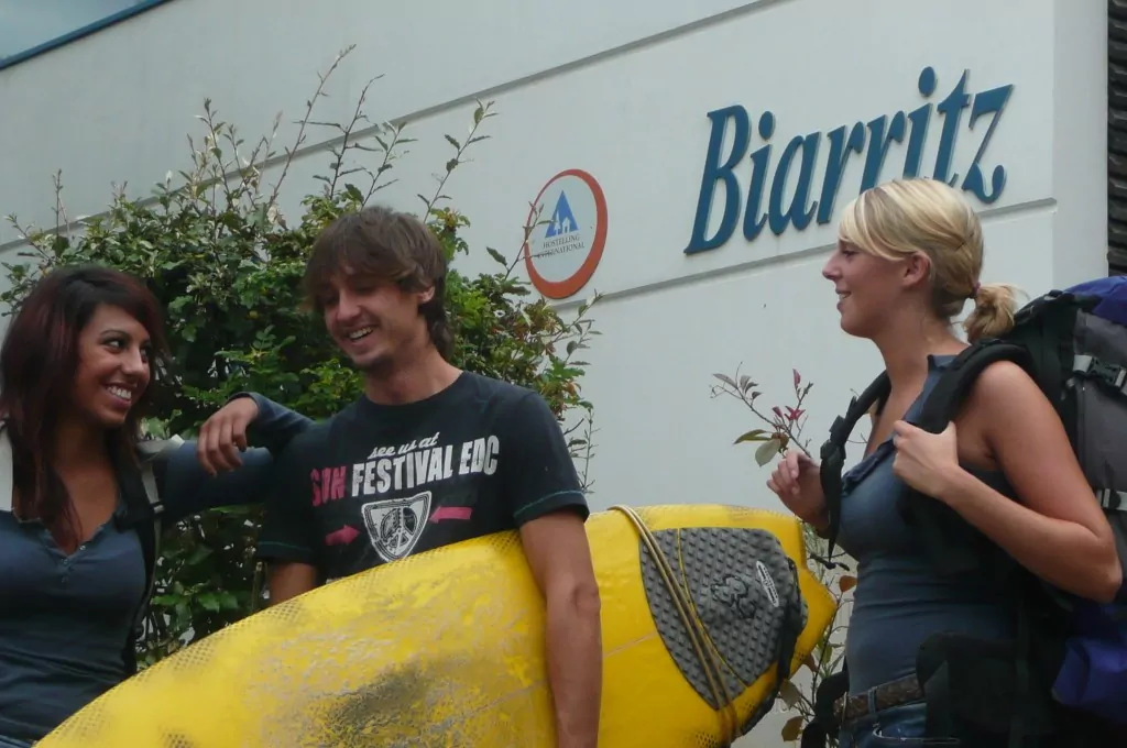 Guests outside the Biarritz Hostel in France