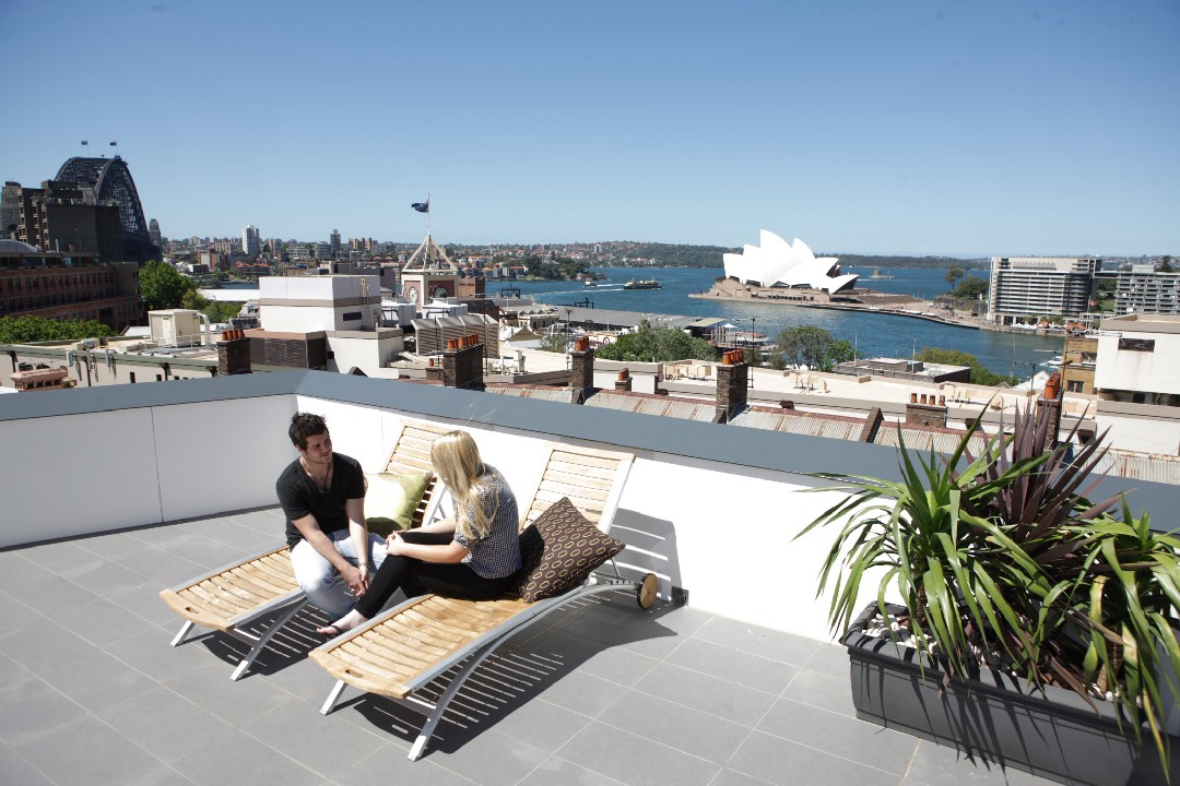 Sydney Harbour YHA Terrace view with couple