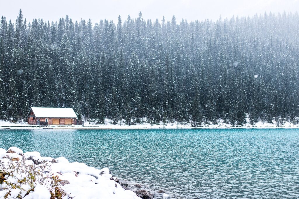 Snowy cabin on the shores of Lake Louise